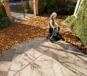 mujer soplando hojas de su jardin